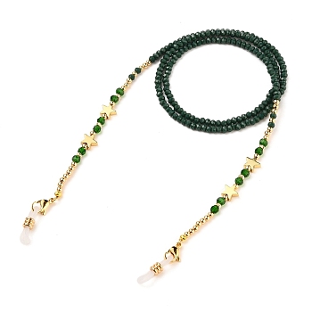 Eyeglasses Chains, Neck Strap for Eyeglasses, with Glass Brass, Brass Beads, 304 Stainless Steel Lobster Claw Clasps and Rubber Loop Ends, Golden, Star, Green, 28.15 inch(71.5cm)
