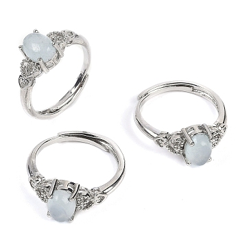 Oval Natural Aquamarine Adjustable Rings, Platinum Tone Brass Ring for Women, Long-Lasting Plated, Lead Free & Cadmium Free, Inner Diameter: 17mm