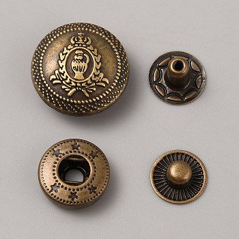 Alloy Snap Button, Cotton-padded Clothes Coat Down Jacket Buckle, Flat Round with Flower, Antique Bronze, 17x8mm, 4pcs/set