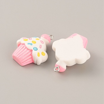 Opaque Resin Pendants, Cupcake Charms, with Platinum Tone Iron Loops, Imitation Food, Pink, 31x25x11mm, Hole: 1.8mm