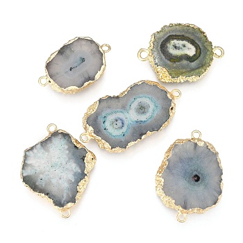 Electroplate Natural Solar Agate Links Connectors, with Brass Findings, Dyed, Golden, Nuggets, Slate Blue, 30~50x15~30x5~7mm, Hole: 2~3mm