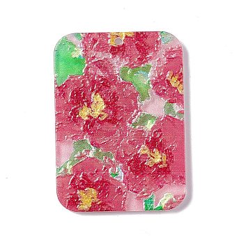 Embossed Flower Printed Acrylic Pendants, Rectangle Charms, Red, 39.5x28.5x2.3mm, Hole: 1.6mm