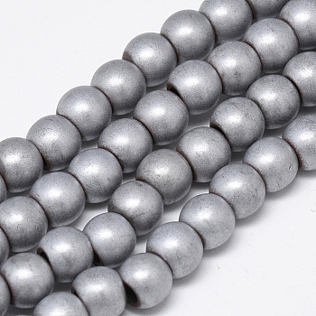 Electroplate Non-magnetic Synthetic Hematite Beads Strands, Matte Style, Round, Platinum Plated, 6x5.5mm, Hole: 2mm, about 75pcs/strand, 15.7 inch