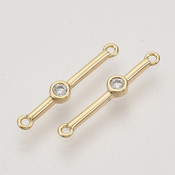 Brass Cubic Zirconia Links connectors, Real 18K Gold Plated, Bar, Clear, Nickel Free, 18x3x2mm, Hole: 0.9mm