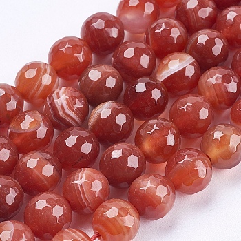 Natural Striped Agate/Banded Agate Beads Strands, Round, Faceted, Dyed, Indian Red, 10mm, Hole: 1mm, about 37pcs/strand, 14.7 inch(37.5cm)