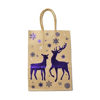 Christmas Theme Blue Printed Kraft Paper Tote Bags with Handles, Rectangle Heavy Duty Storage Shopping Bags, Deer, 20.7x15x8.2cm