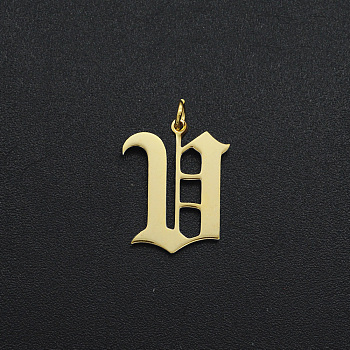 201 Stainless Steel Pendants, with Jump Ring, Old English, Letter, Laser Cut, Golden, Letter.V, 16x12.5x1mm, Hole: 3mm
