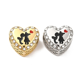 304 Stainless Steel European Beads, Large Hole Beads, with Rhinestone and Enamel, Heart & Lovers, Mixed Color, 11.5x12.5x8.2mm, Hole: 4.2mm