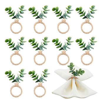 Jute Cord & Wood Beads Napkin Rings, with Plastic Artificial Leaf, Napkin Holder Adornment, Wheat, 115mm, 15pcs/set