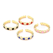Adjustable Real 18K Gold Plated Brass Enamel Finger Rings, Cuff Rings, with Clear Cubic Zirconia, Flat Round, Mixed Color, Inner Diameter: 17mm(RJEW-L071-22G)