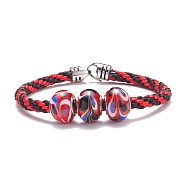 Triple Handmade Lampwork Beaded Braided Cord Bracelet for Women, Crimson, 7-5/8 inch(19.5cm)(BJEW-JB07598)