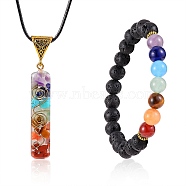 Energy Yoga Chakra Jewelry Set for Girl Women, Natural Lava Rock Stretch Bracelet and Rectangle Natural Gemstone Inside Resin Pendant Necklace
, Mixed Color, Inner Diameter: 2-3/8 inch(60mm), 17.79 inch(45.2cm)(AJEW-SZ0002-12A)
