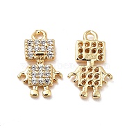 Brass Micro Pave Cubic Zirconia Charms, Real 18K Gold Plated, Robot Charm, Clear, 13x8x2.5mm, Hole: 1.2mm(KK-M233-24G)