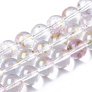Transparent Spray Painted Glass Bead Strands, with Golden Foil, Round, Lavender Blush, 8~9mm, Hole: 1.2~1.5mm, about 46~56pcs/Strand, 14.37 inch~16.3 inch(36.5~41.4cm)(GLAA-N035-03C-B07)