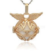 Golden Tone Brass Cage Pendants, Hollow Round with Wing, with No Hole Spray Painted Brass Round Ball Beads, White, 26x29x20mm, Hole: 3x8mm(KK-J213-13G)