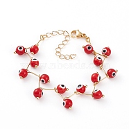 Handmade Evil Eye Lampwork  Beaded Bracelets, with 304 Stainless Steel Ball Head Pins and Lobster Claw Clasps, Round, Golden, Dark Red, 6-3/8 inch(16.2cm)(BJEW-JB05855-01)