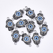 Polymer Clay Rhinestone Links connectors, with 304 Stainless Steel Findings and Resin, Hamsa Hand/Hand of Fatima/Hand of Miriam with Evil Eye, Stainless Steel Color, 27x14x5mm, Hole: 1.8mm(RB-T010-08)