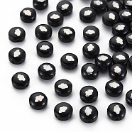 Handmade Lampwork Beads, with Platinum Plated Brass Embellishments, Flat Round with Cloud Pattern, Black, 8x5mm, Hole: 0.8mm(LAMP-N030-001-01)