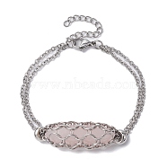Natural Rose Quartz Bullet Link Bracelets, 304 Stainless Steel Chains Macrame Pouch Bracelet, 7-1/2 inch(18.9cm)(BJEW-JB09813-01)