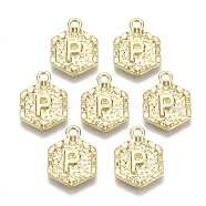 Alloy Pendants, Cadmium Free & Nickel Free & Lead Free, Hexagon with Letter, Real 18K Gold Plated, Letter.P, 17.5x13x2mm, Hole: 2mm(PALLOY-N157-003P-NR)