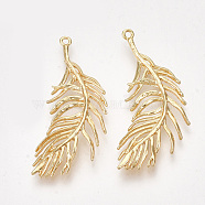 Brass Pendants, Feather, Nickel Free, Real 18K Gold Plated, 36~37x15~16x1.5mm, Hole: 1.2mm(KK-S350-237)