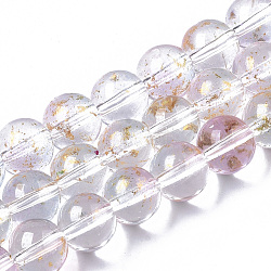 Transparent Spray Painted Glass Bead Strands, with Golden Foil, Round, Lavender Blush, 8~9mm, Hole: 1.2~1.5mm, about 46~56pcs/Strand, 14.37 inch~16.3 inch(36.5~41.4cm)(GLAA-N035-03C-B07)