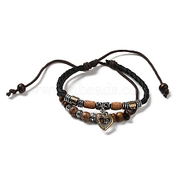 Wooden Braided Double Layer Multi-strand Bracelets, Adjustable Bracelet with Alloy Heart Charms, Sienna, Inner Diameter: 2-3/8~3-3/8 inch(6~8.55cm)(BJEW-P301-02)