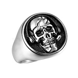 Stainless Steel Signet Rings, Skull, Antique Silver, US Size 9(18.9mm)(PW-WG25000-14)