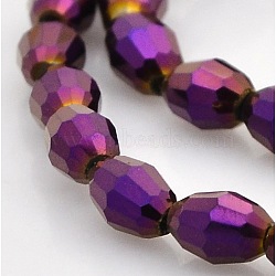 Full Plated Glass Faceted Rice Beads Strands, Purple Plated, 6x4mm, Hole: 1mm, about 72pcs/strand, 16 inch(GLAA-A030A-FP03)