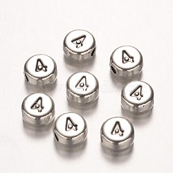 Flat Round Antique Silver Tone Alloy Number Beads, Num.4, 7x4mm, Hole: 1.2mm(PALLOY-K194-04AS)