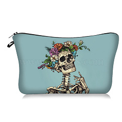 Flower Skull Polyester Cosmetic Bags Zipper Clutch Bags, Ladies' Large Capacity Travel Storage Bags, Rectangle, Aqua, 180~210x135mm(PW-WG3CC74-02)