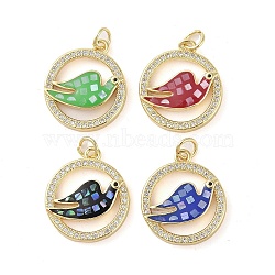 Brass Micro Pave Clear Cubic Zirconia Pendants, with Enamel and Shell & Jump Ring, Real 18K Gold Plated, Flat Round with Bird Charm, Mixed Color, 21x18x3mm, Hole: 3.2mm(KK-Q813-03G)
