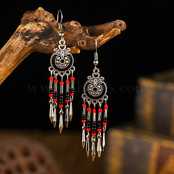 Bohemian Style Alloy Enamel Flat Round Tassel Chandelier Earrings, with Glass Seed Beads, Antique Silver, Black, 50x15mm(FS-WG14215-02)