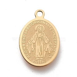 Ion Plating(IP) 304 Stainless Steel Charms, Laser Cut, Oval, Miraculous Medal, Golden, 18.5x12.5x0.5mm, Hole: 1.4mm(X-STAS-M228-R01-G)