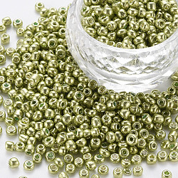 8/0 Glass Seed Beads, Metallic Colours Style, Round, Olive Drab, 8/0, 3mm, Hole: 1mm, about 10000pcs/pound(SEED-A017-3mm-1126)