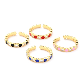 Adjustable Real 18K Gold Plated Brass Enamel Finger Rings, Cuff Rings, with Clear Cubic Zirconia, Flat Round, Mixed Color, Inner Diameter: 17mm
