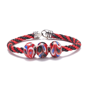 Triple Handmade Lampwork Beaded Braided Cord Bracelet for Women, Crimson, 7-5/8 inch(19.5cm)
