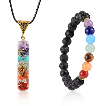 Energy Yoga Chakra Jewelry Set for Girl Women, Natural Lava Rock Stretch Bracelet and Rectangle Natural Gemstone Inside Resin Pendant Necklace
, Mixed Color, Inner Diameter: 2-3/8 inch(60mm), 17.79 inch(45.2cm)