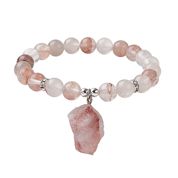 Natural Ferruginous Quartz Round Beaded Stretch Bracelets, with Rough Raw Nugget Charms, Inner Diameter: 2-1/2 inch(6.2cm)