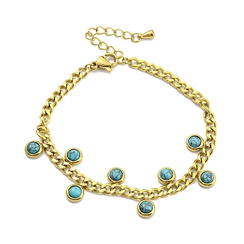 Synthetic Turquoise Flat Round Charm Bracelet, with Ion Plating(IP) 304 Stainless Steel Curb Chains, Golden, 6-1/2 inch(16.4cm)