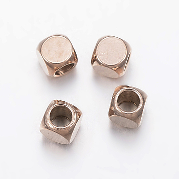 Ion Plating(IP) 304 Stainless Steel Beads, Cube, Rose Gold, 3x3x3mm, Hole: 2mm