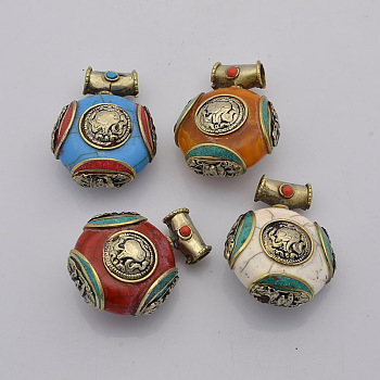 Mixed Handmade Tibetan Style Flat Round  Pendants, with Brass Findings, Antique Silver, 37x28x18mm, Hole: 5mm