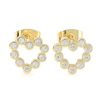 Brass Micro Pave Cubic Zirconia Stud Earrings, Heart Jewelry for Women, Golden, 9x10mm