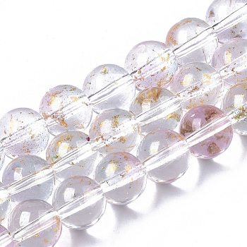 Transparent Spray Painted Glass Bead Strands, with Golden Foil, Round, Lavender Blush, 8~9mm, Hole: 1.2~1.5mm, about 46~56pcs/Strand, 14.37 inch~16.3 inch(36.5~41.4cm)