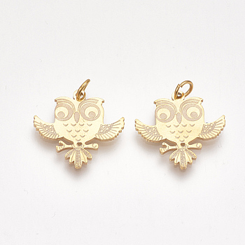 201 Stainless Steel Pendants, with Unsoldered Jump Rings, Owl, Golden, 19.5x20x1mm, Hole: 3mm, Jump Ring: 5x0.8mm