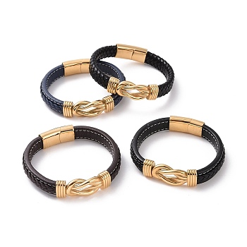 Ion Plating(IP) 304 Stainless Steel Interlocking Kont Link Bracelet, Microfiber Leather Cord Punk Bracelet with Magnetic Buckle for Men Women, Golden, 8-1/2 inch(21.6cm)