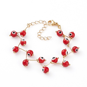 Handmade Evil Eye Lampwork  Beaded Bracelets, with 304 Stainless Steel Ball Head Pins and Lobster Claw Clasps, Round, Golden, Dark Red, 6-3/8 inch(16.2cm)