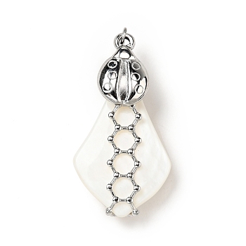 Natural White Shell Pendants, Teardrop Charm, with Stainless Steel Color Plated 304 Stainless Steel Ladybug Findings and Jump Ring, 35~40x18~20x8~10mm, Jump Ring: 4x0.7mm, Inner Daimeter: 2.6mm