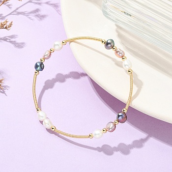 Nuggets Natural Cultured Freshwater Pearl & Brass Beaded Copper French Wired Bangles, Stackable Bangles for Women, Real 18K Gold Plated, Inner Diameter: 2.05 inch(5.2cm)