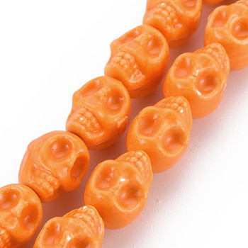 Handmade Porcelain Beads, Halloween Jewelry DIY Material, Skull, Coral, 13x13x11mm, Hole: 2mm